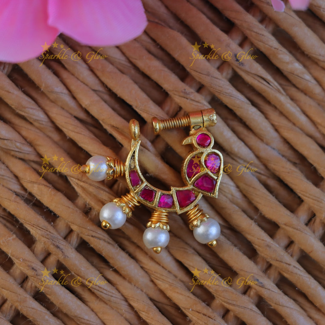 Gold Jadau Peacock Nosepin - Exquisite Wedding Jewelry