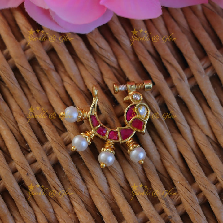 Gold Jadau Peacock Nosepin - Exquisite Wedding Jewelry