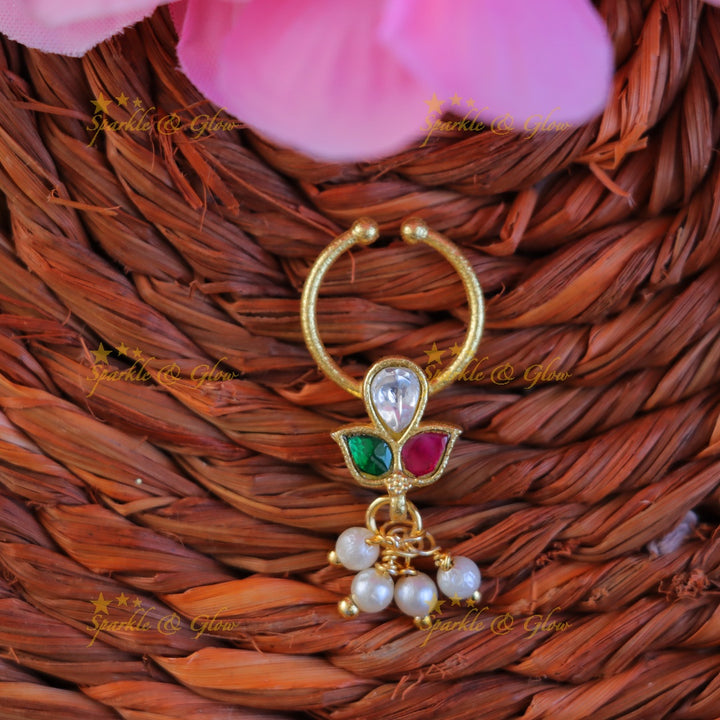 Jadau Pearl Nosepin – Gold Festive Elegance