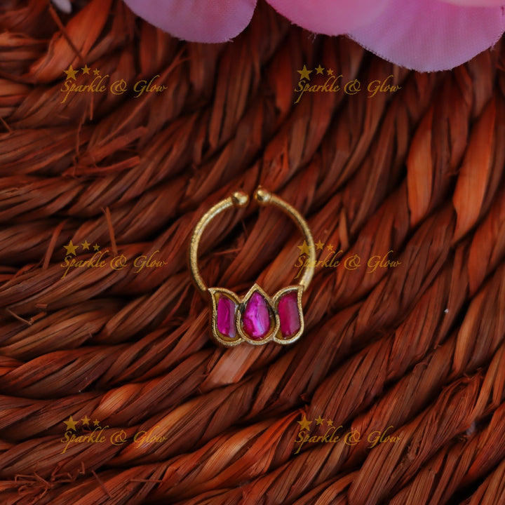 Exquisite Lotus Jadau Nose Ring - Festive Elegance