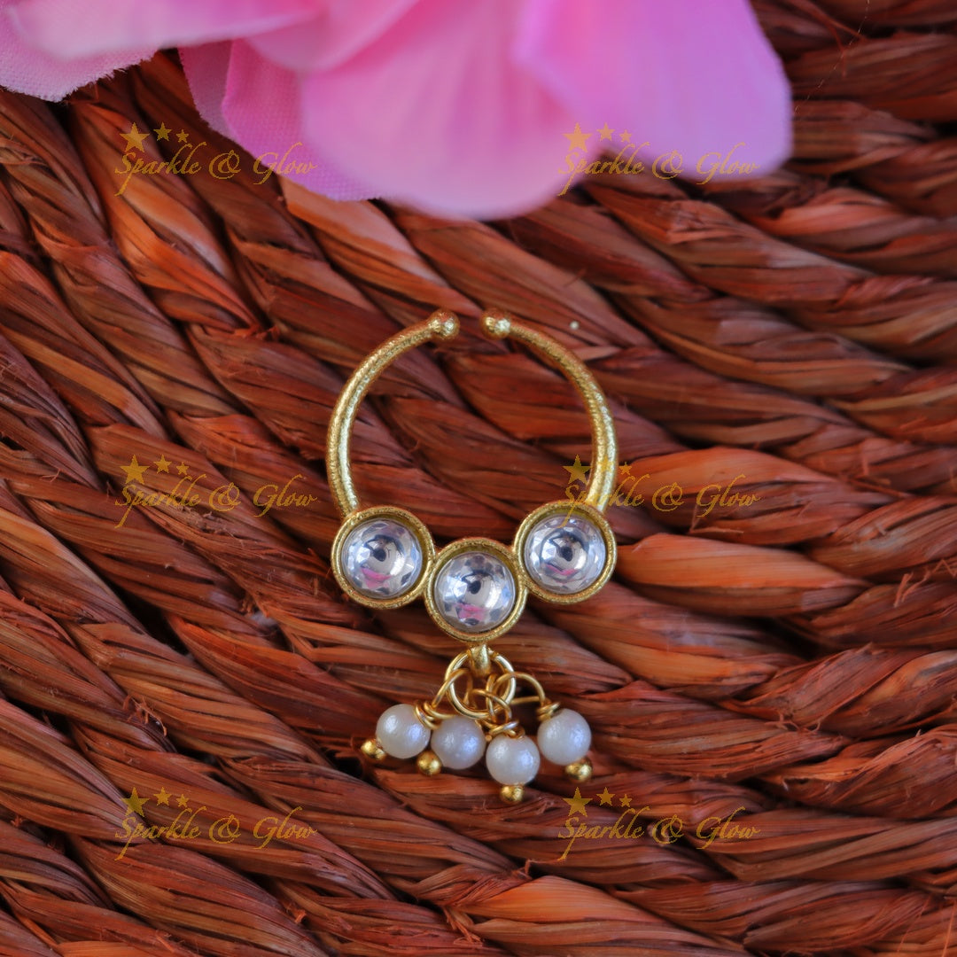 Exquisite Gold Jadau Pearl Nosering for Festive Elegance