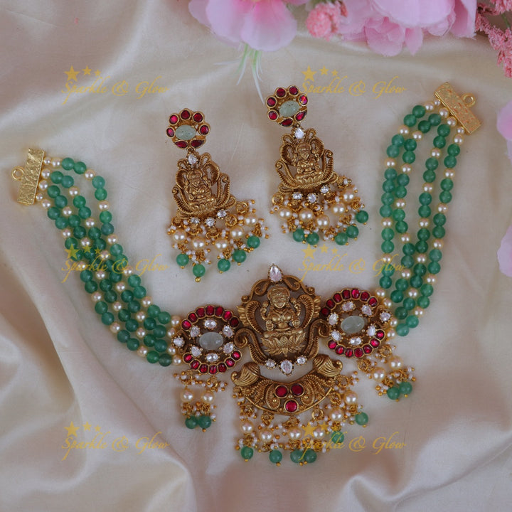 Exquisite Lakshmi Necklace with Green Beads