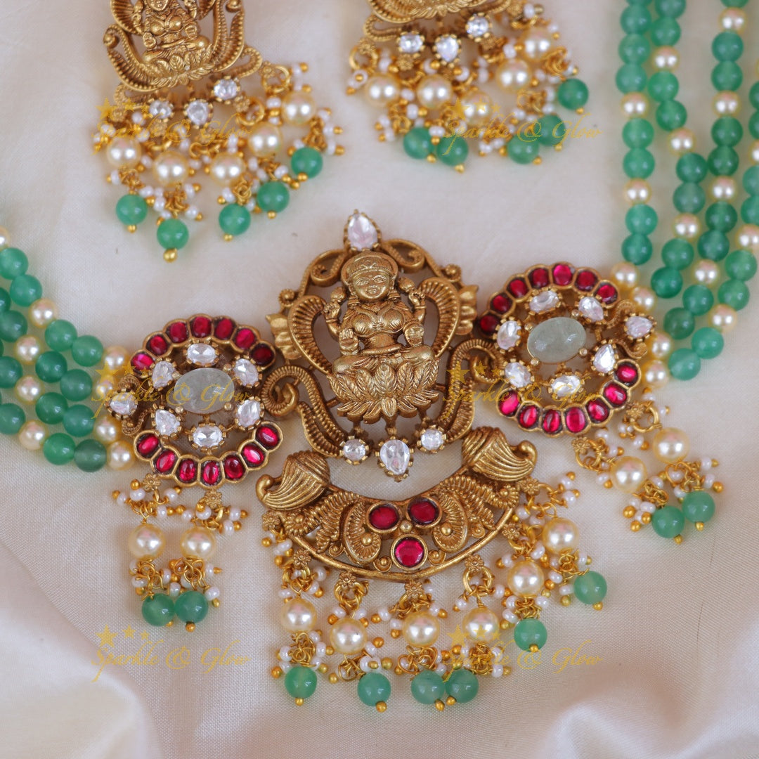 Exquisite Lakshmi Necklace with Green Beads