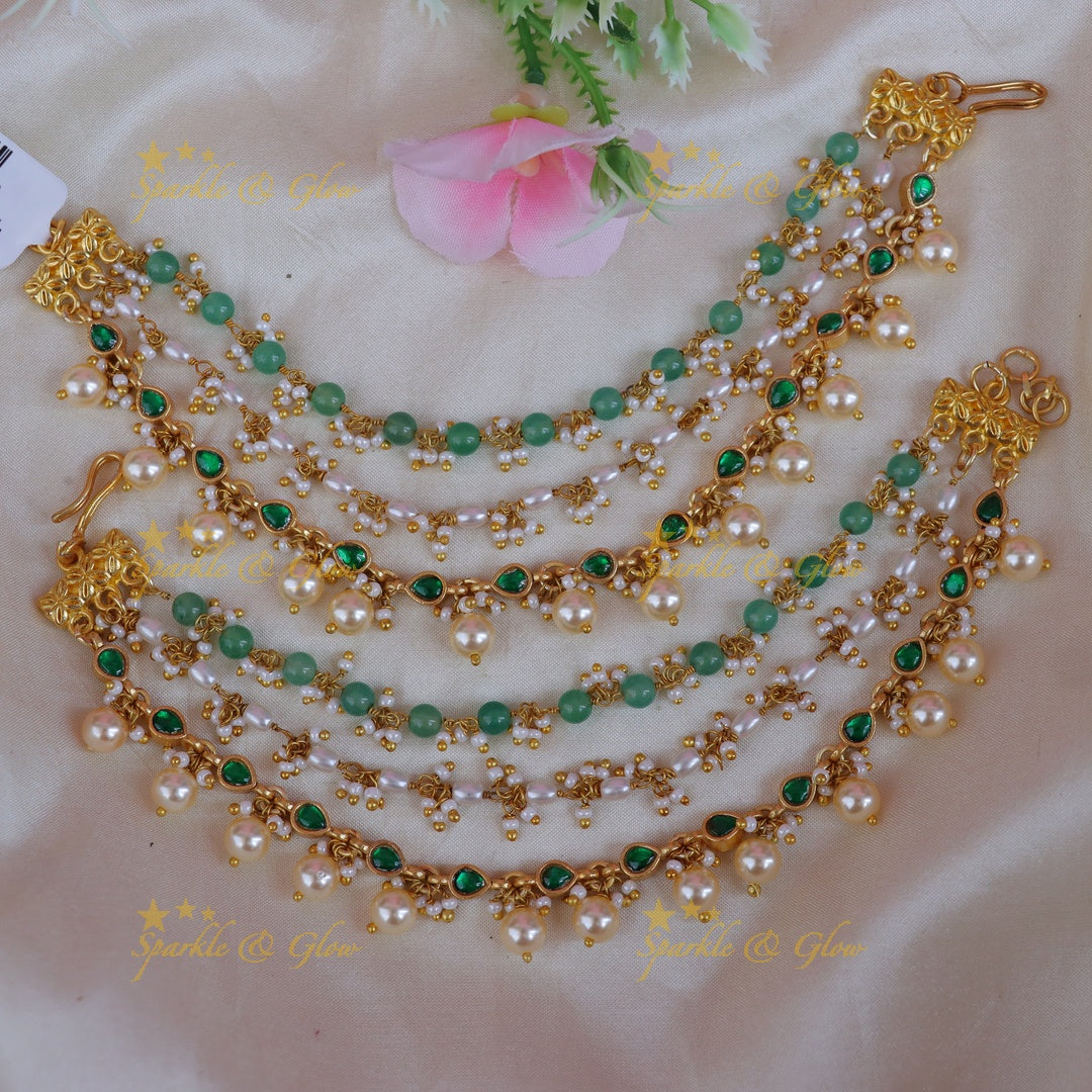 Elegant Pearl & Green Ear Chain - Perfect for Festivities