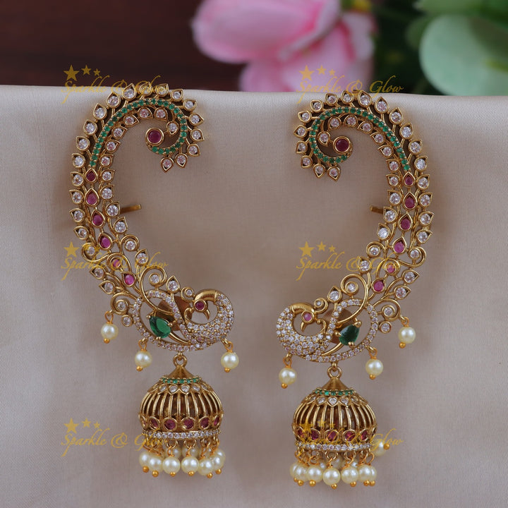 Exquisite Gold Peacock Cuff Jhumkas – Sparkle & Glow