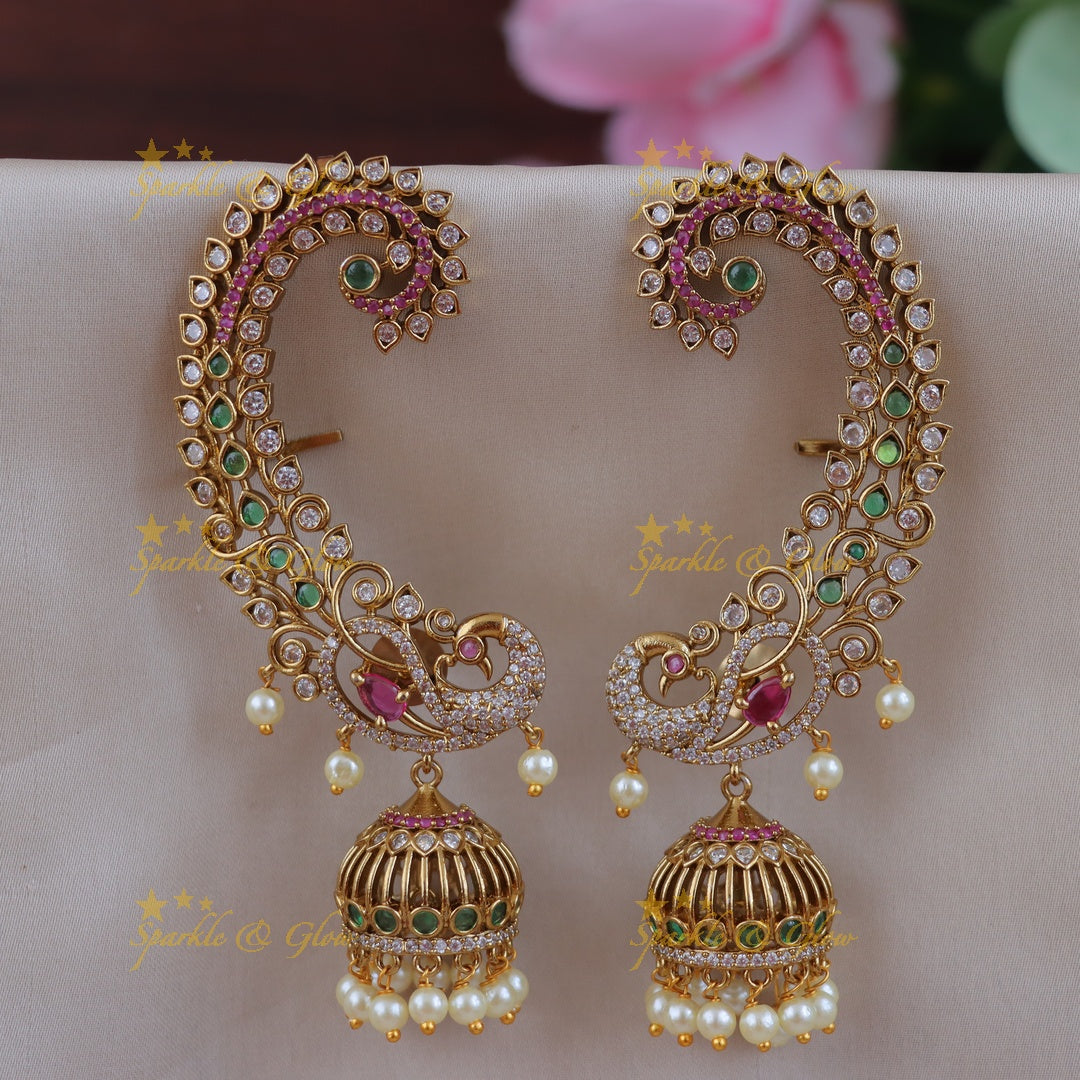 Exquisite Gold Peacock Cuff Jhumkas – Sparkle & Glow