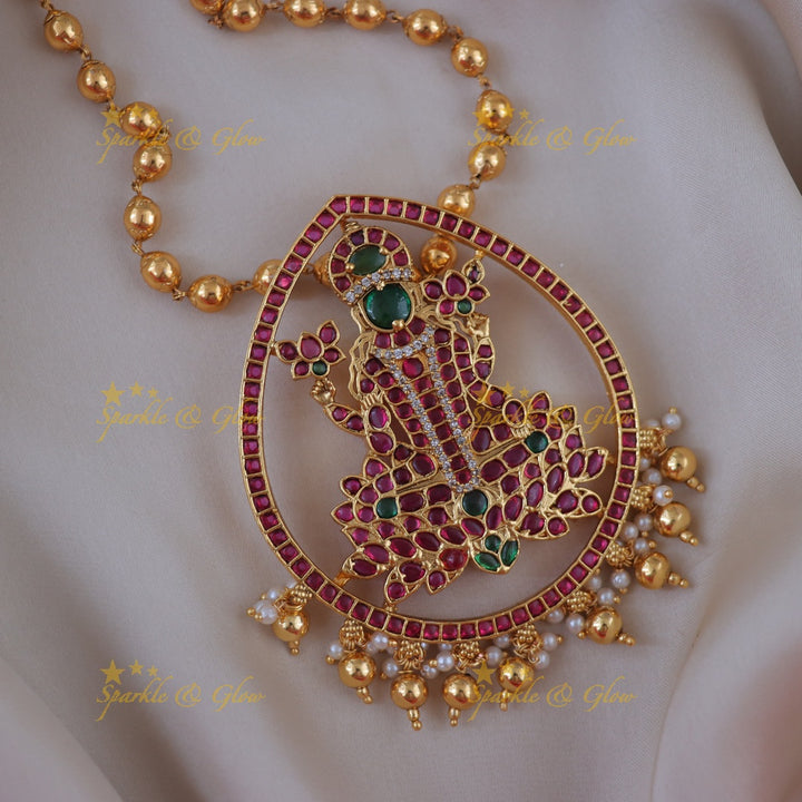 Exquisite Lakshmi Gold Bead Floral Pendant Necklace