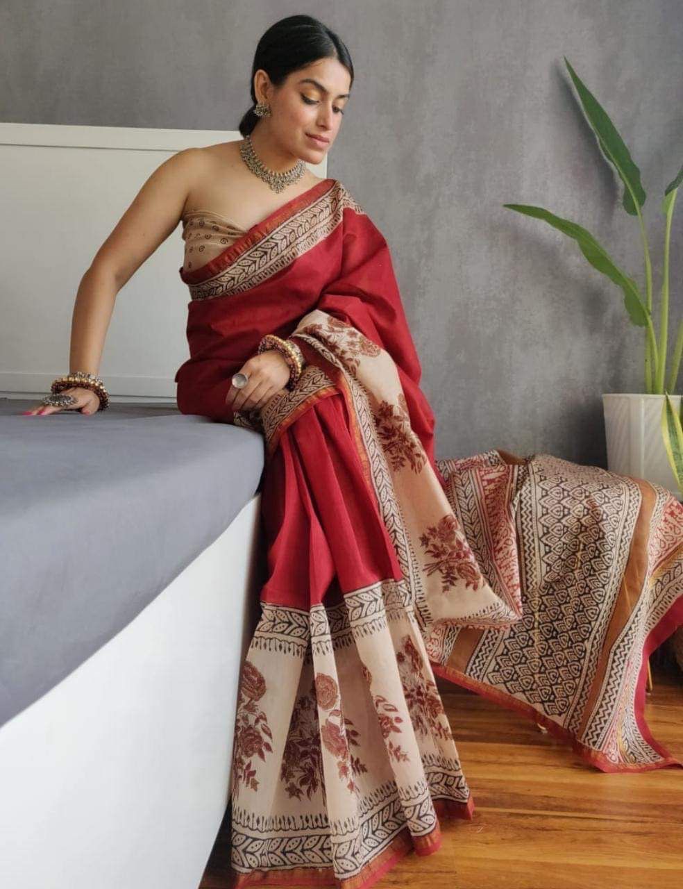 Elegant Hand block printed chanderi silk Saree