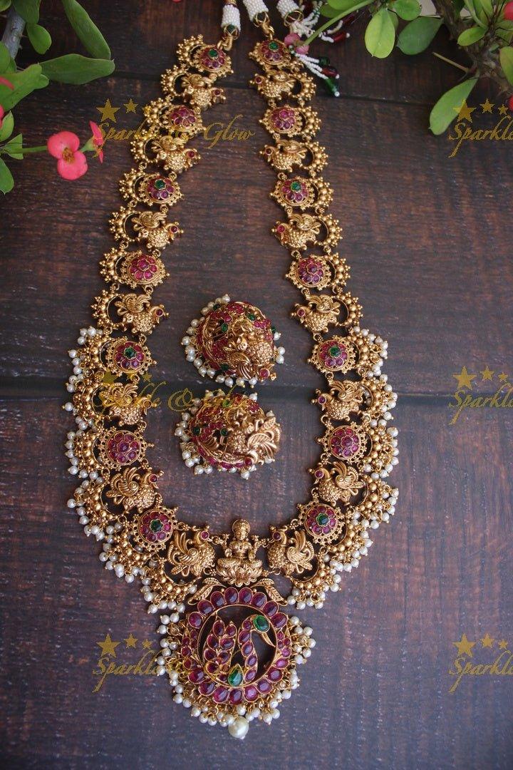 Kempu Peacock Guttapusalu Necklace in Gold Finish