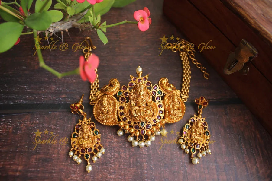 Premium Matte Lakshmi Peacock engraved choker - Sparkle and Glow