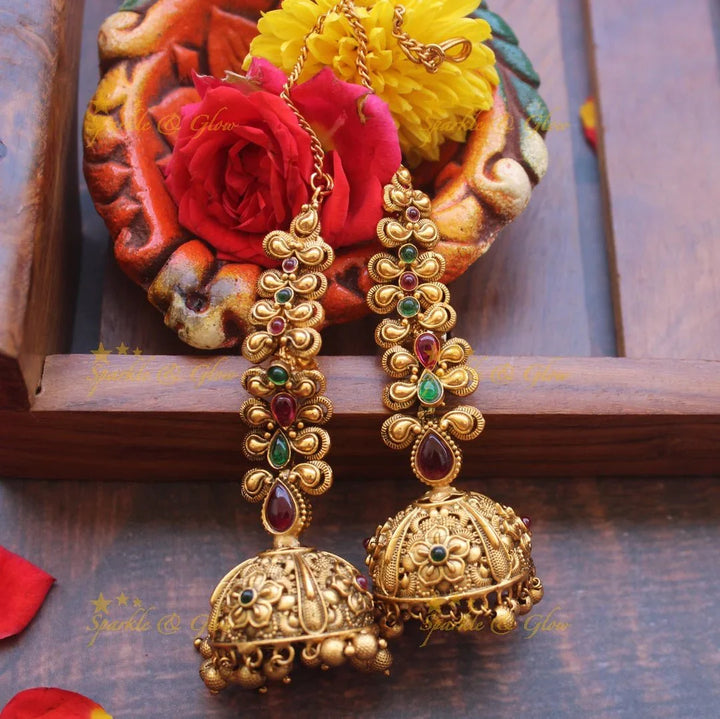 Gold alike finish jhumukas with ear chain - Pearl - Sparkle and Glow