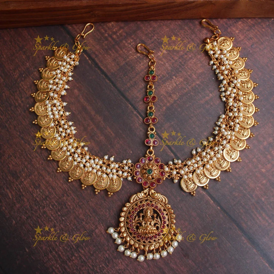 Gold alike Bridal three sided coin maang tikka - Pearl - Sparkle and Glow