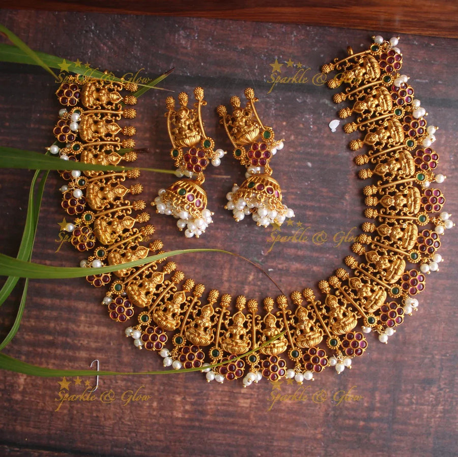 Premium matte gold Lakshmi necklace - Sparkle and Glow