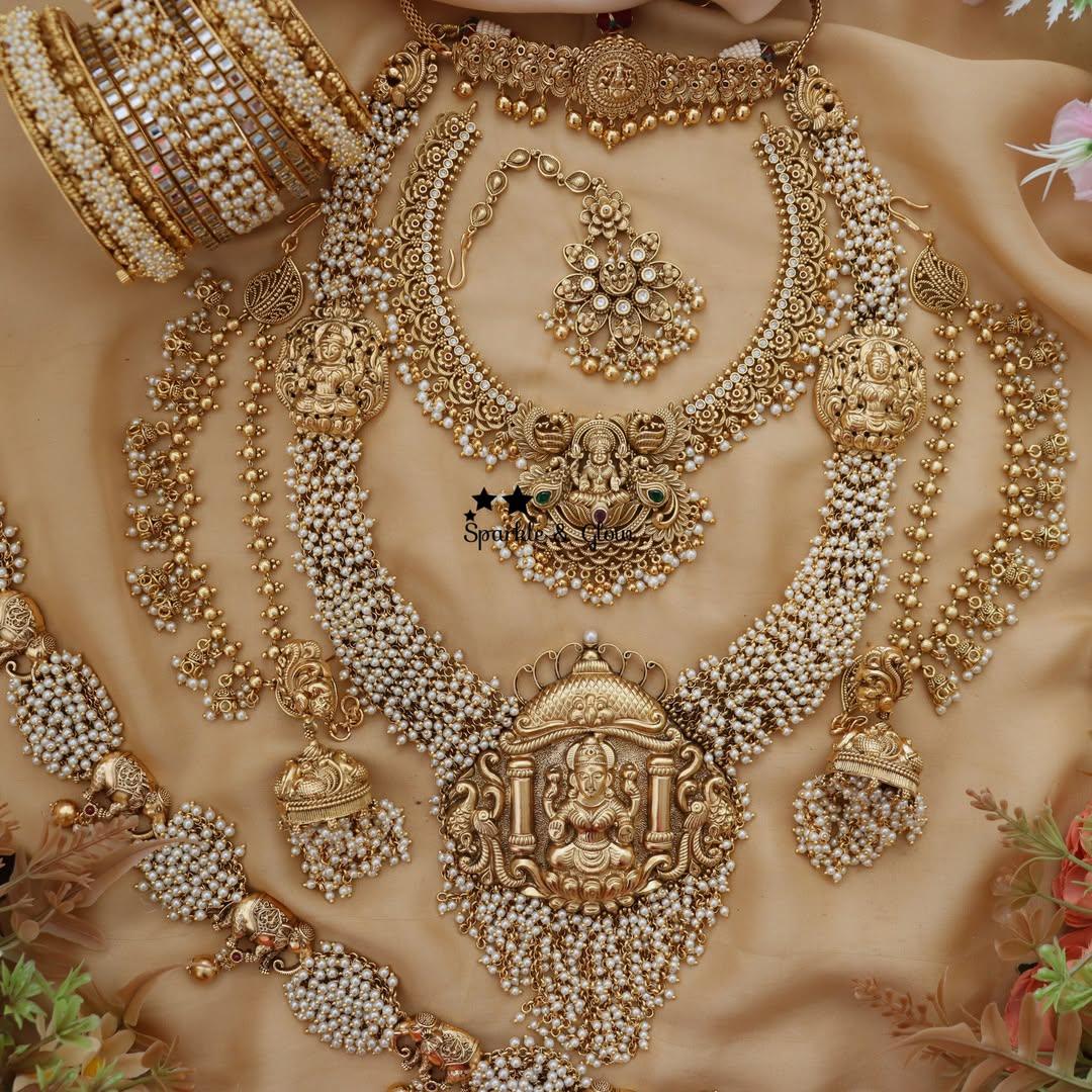 Grand Nagas Pearl Cluster Temple Bridal Jewellery Set – Sparkle