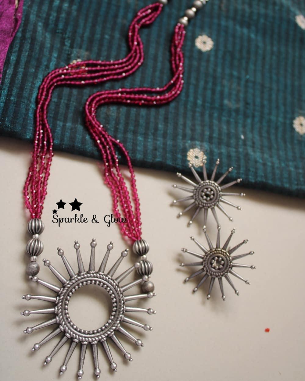 Silver look alke spike round pendent beads necklace - Pink - Sparkle and Glow