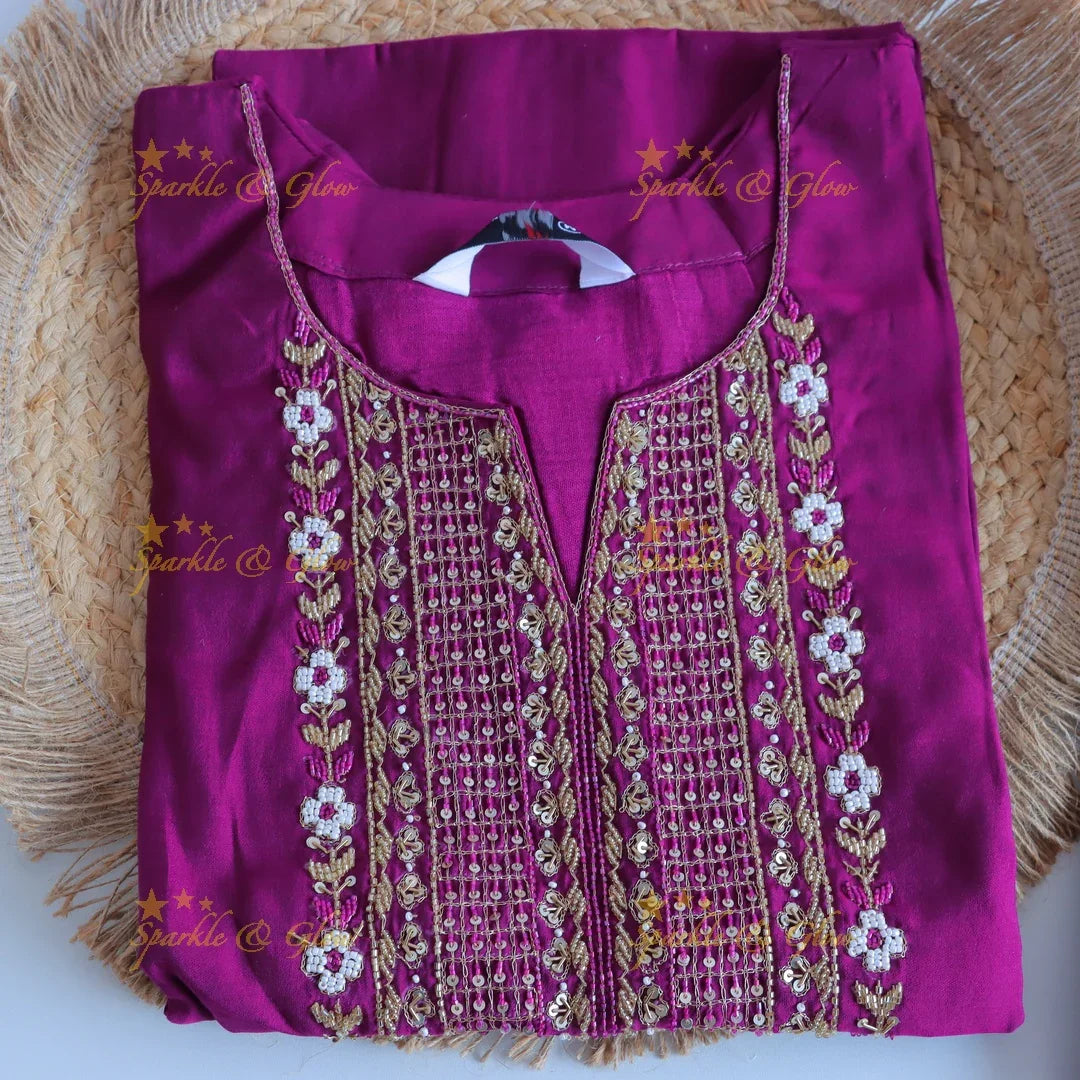 Gorgeous Roman Silk Kurti pant with Banarasi jacquard Dupatta set- Pink - Sparkle and Glow