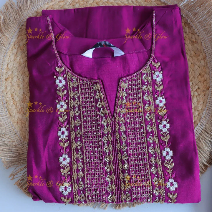 Gorgeous Roman Silk Kurti pant with Banarasi jacquard Dupatta set- Pink - Sparkle and Glow