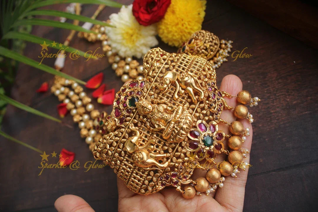 Gold alike polish exlcusive Lakshmi Pearl haram - Sparkle and Glow