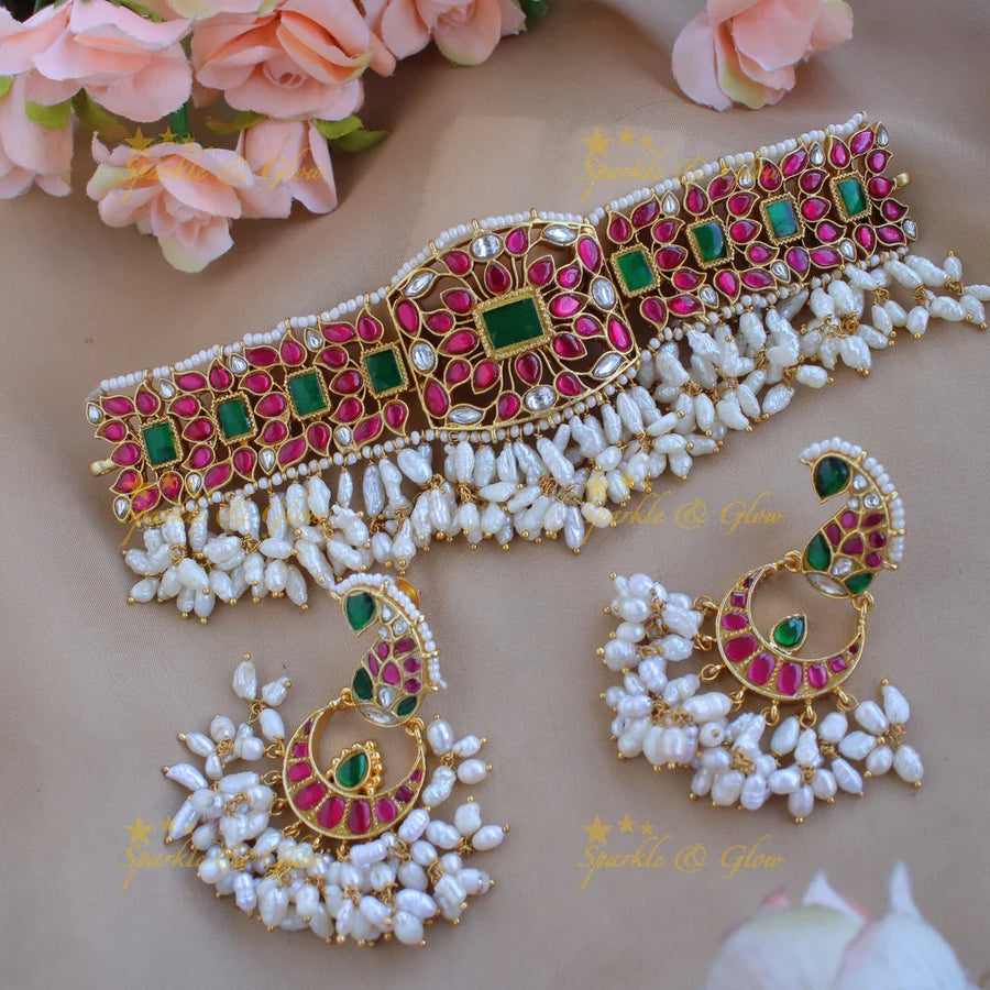 Jadau kundaun rice pearl gutta pusalu choker - Sparkle and Glow