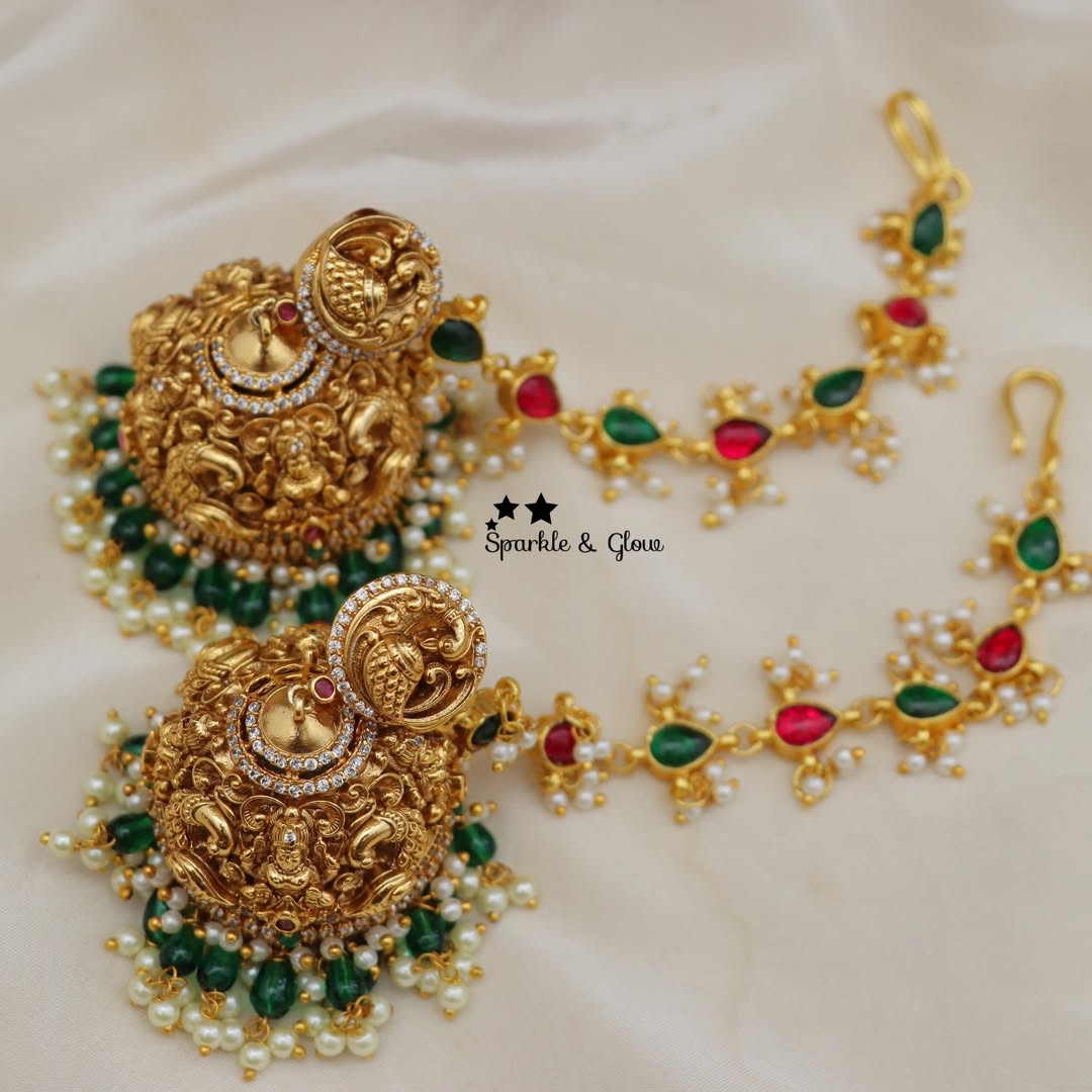 Elegant Jadau Kundan Peacock Floral Earrings with Earchain Combo