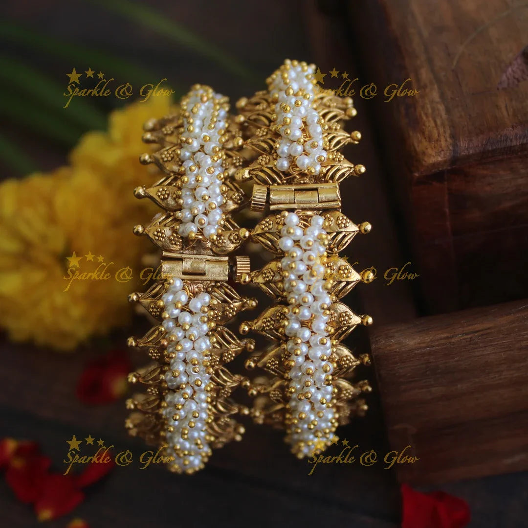 Gold alike antique pearl cluster screw bangles - Sparkle and Glow