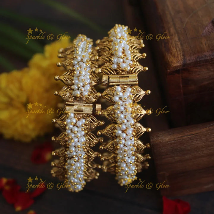 Gold alike antique pearl cluster screw bangles - Sparkle and Glow