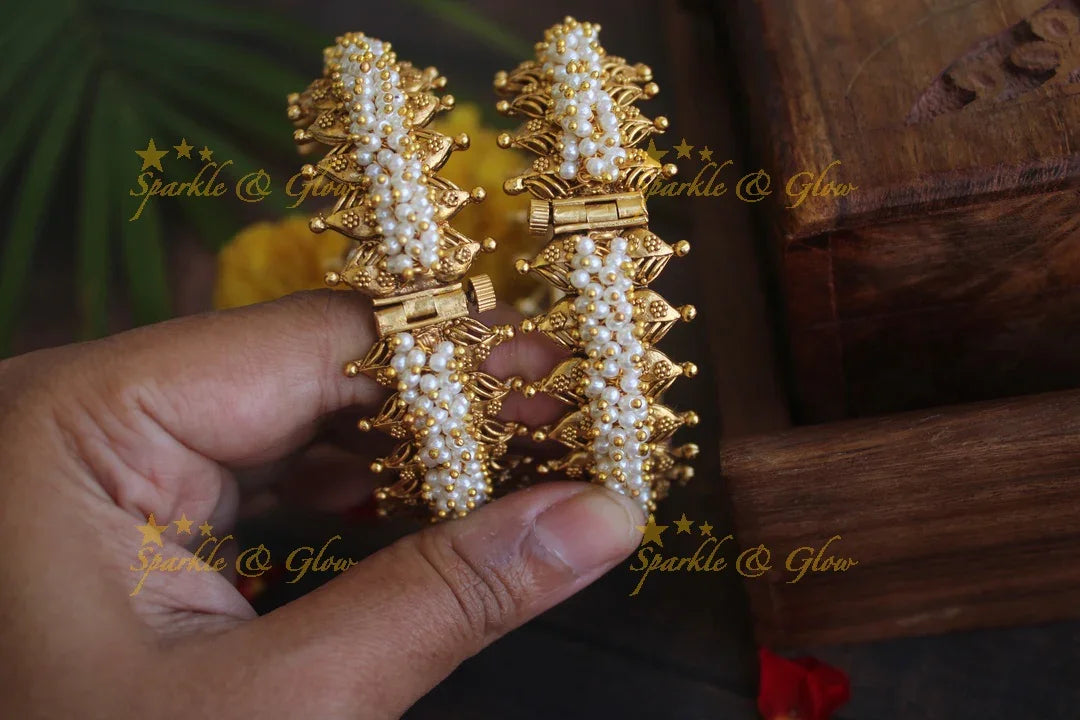Gold alike antique pearl cluster screw bangles - Sparkle and Glow