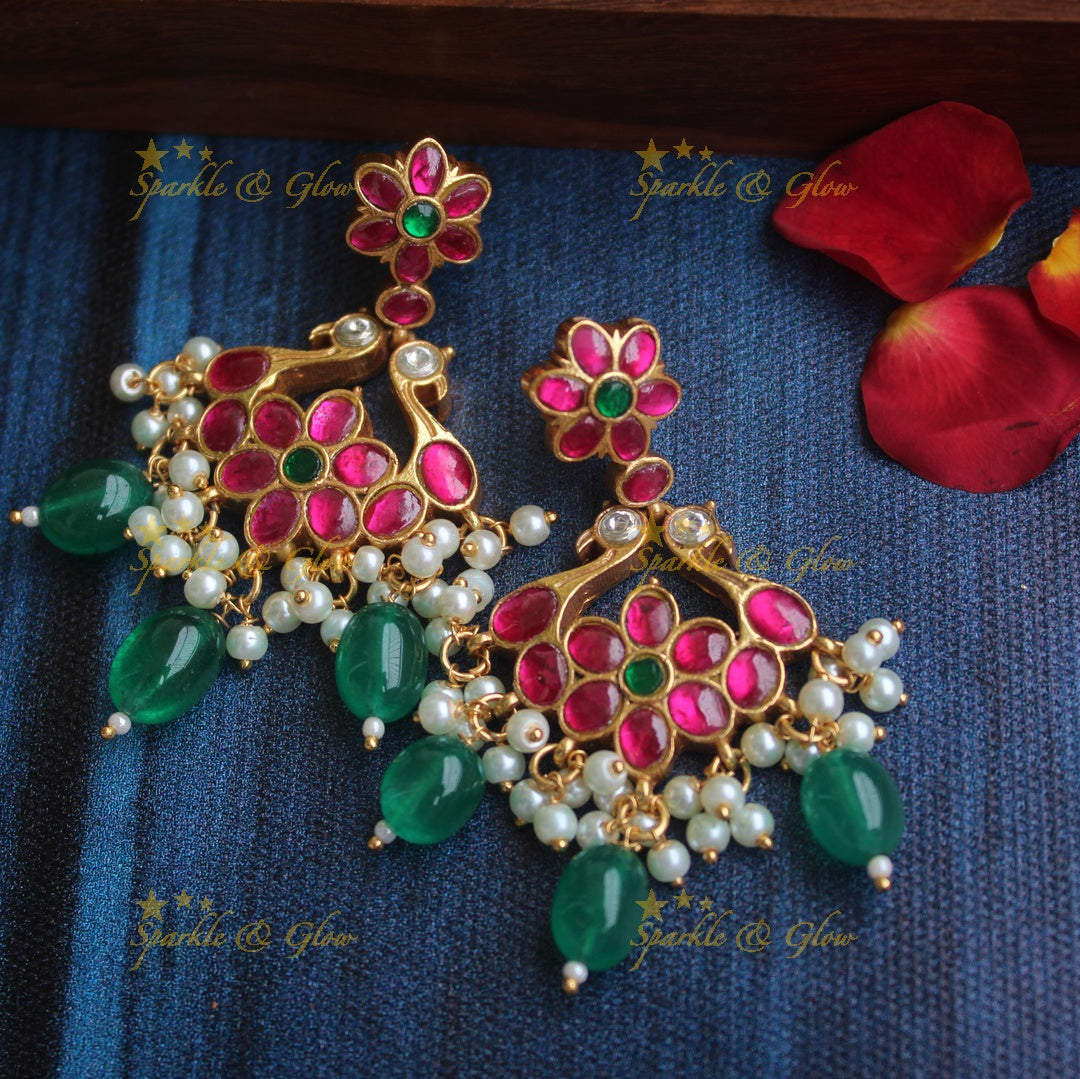 Real Jadau Kundan peacock earrings with green beads