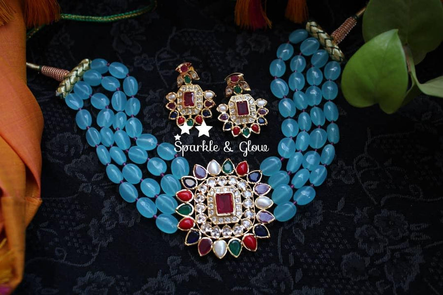Navarathna pendent precious turquoise blue beads choker - Sparkle and Glow