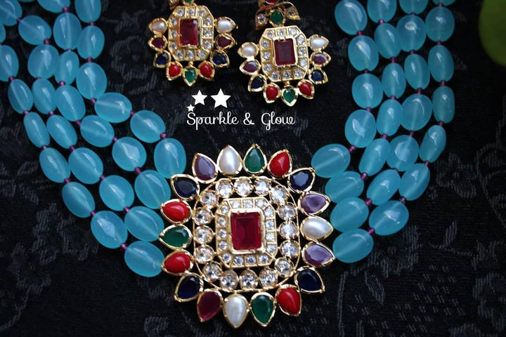 Navarathna pendent precious turquoise blue beads choker - Sparkle and Glow