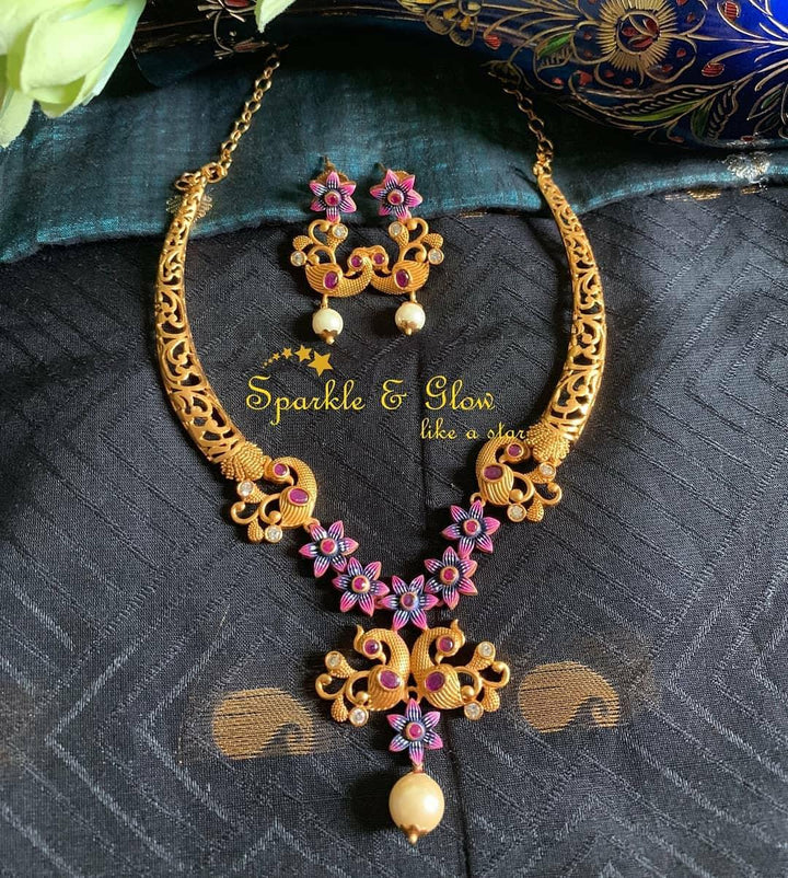 Statement Peacock meenakari necklace - Green - Sparkle and Glow