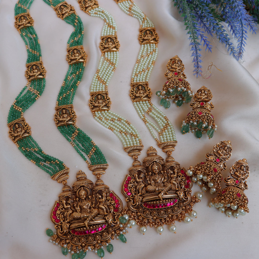 Stunning Idol Lakshmi Elephant pendant carved Jadau pearl layered Haram - Sparkle and Glow