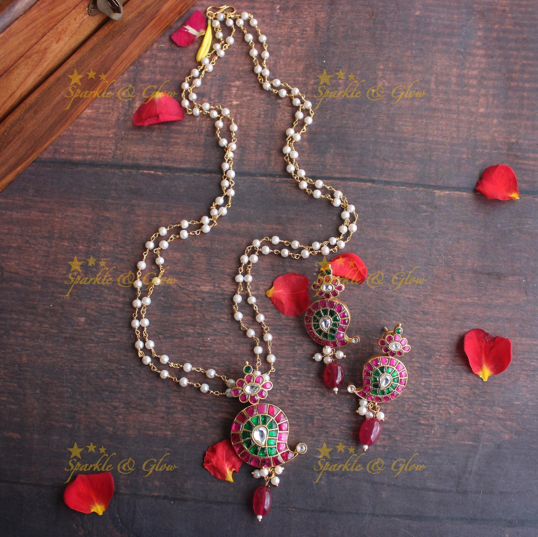 Jadau kundan Mango pendent pearl mal set (20 inches) -READY TO SHIP