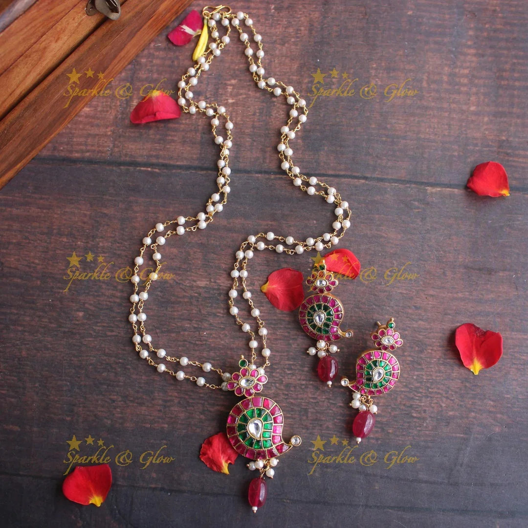 Jadau kundan Mango pendent pearl mal set (20 inches) -READY TO SHIP - Sparkle and Glow