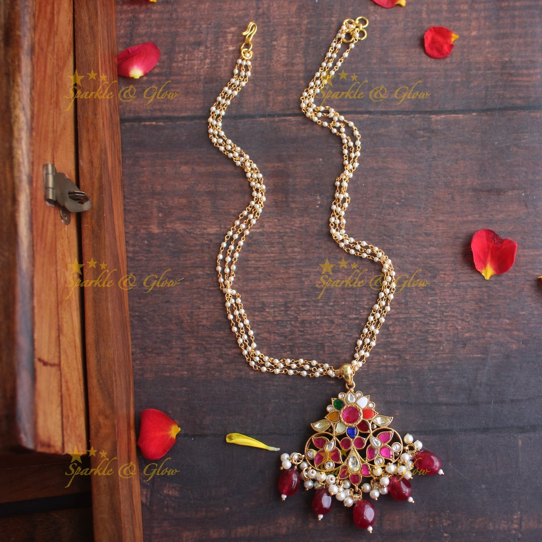 Jadau kundan navarathna pendent pearl mal set (14 inches)