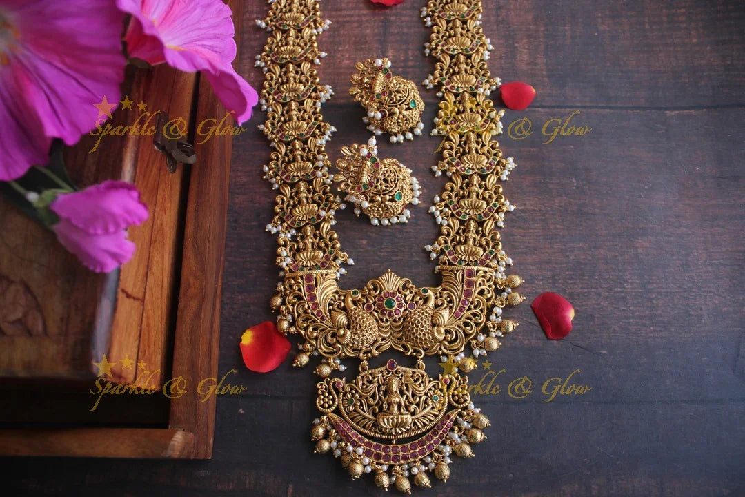Premium matte Grand Lakshmi gutta pusalu haram - Gold Multi - Sparkle and Glow