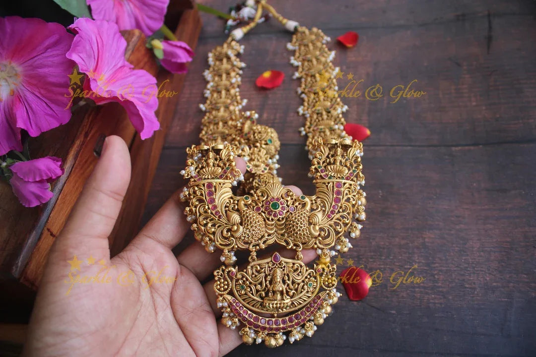 Premium matte Grand Lakshmi gutta pusalu haram - Gold Multi - Sparkle and Glow