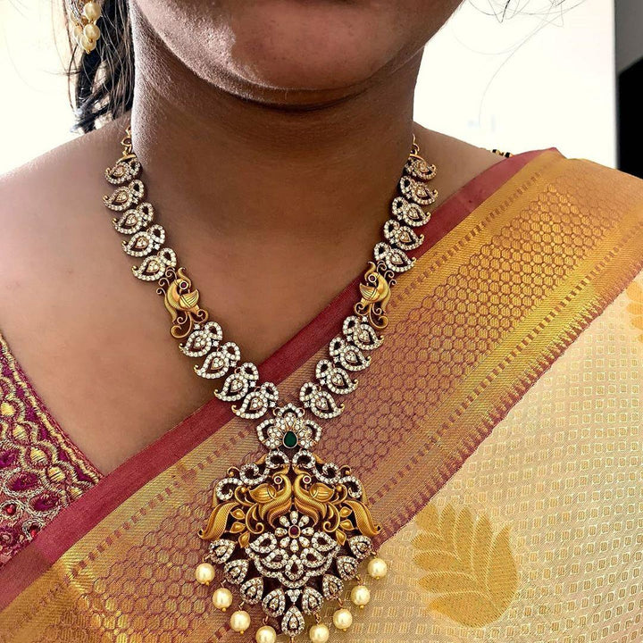 AD Stone Matte mango necklace with peacock carved pendent - Sparkle and Glow