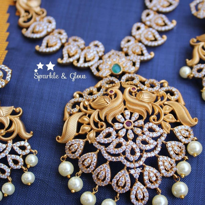 AD Stone Matte mango necklace with peacock carved pendent - Sparkle and Glow