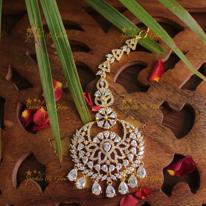 AD stone single line maang tikka - Wihte - Sparkle and Glow