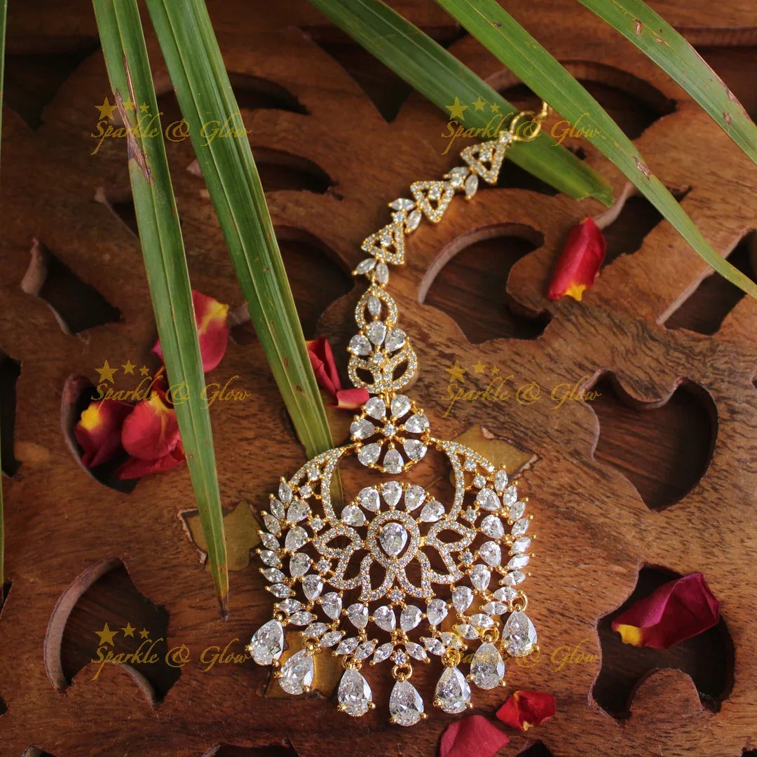 AD stone single line maang tikka - Wihte - Sparkle and Glow