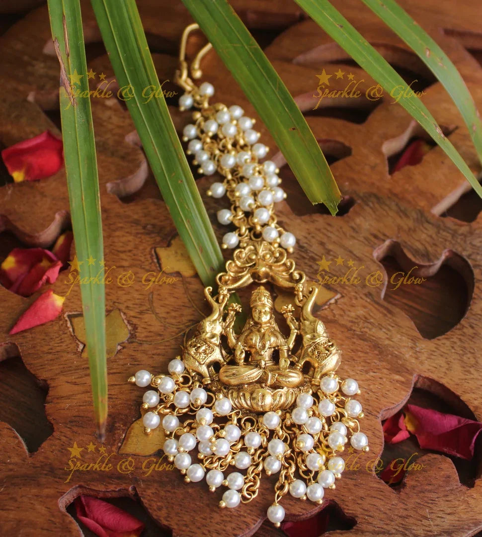 Gold alike Lakshmi single line maang tikka - Pearl - Sparkle and Glow