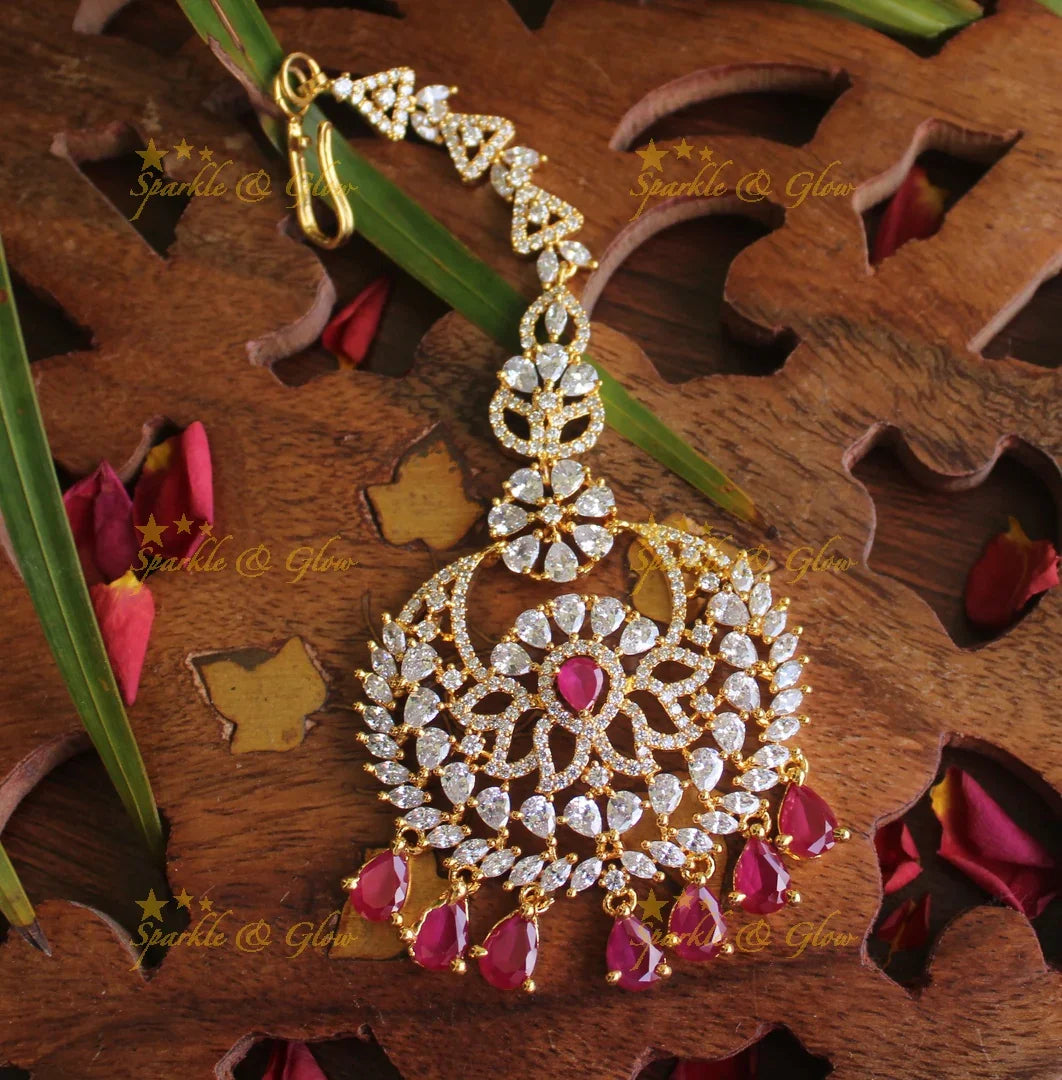 AD stone single line maang tikka - Wihte - Sparkle and Glow