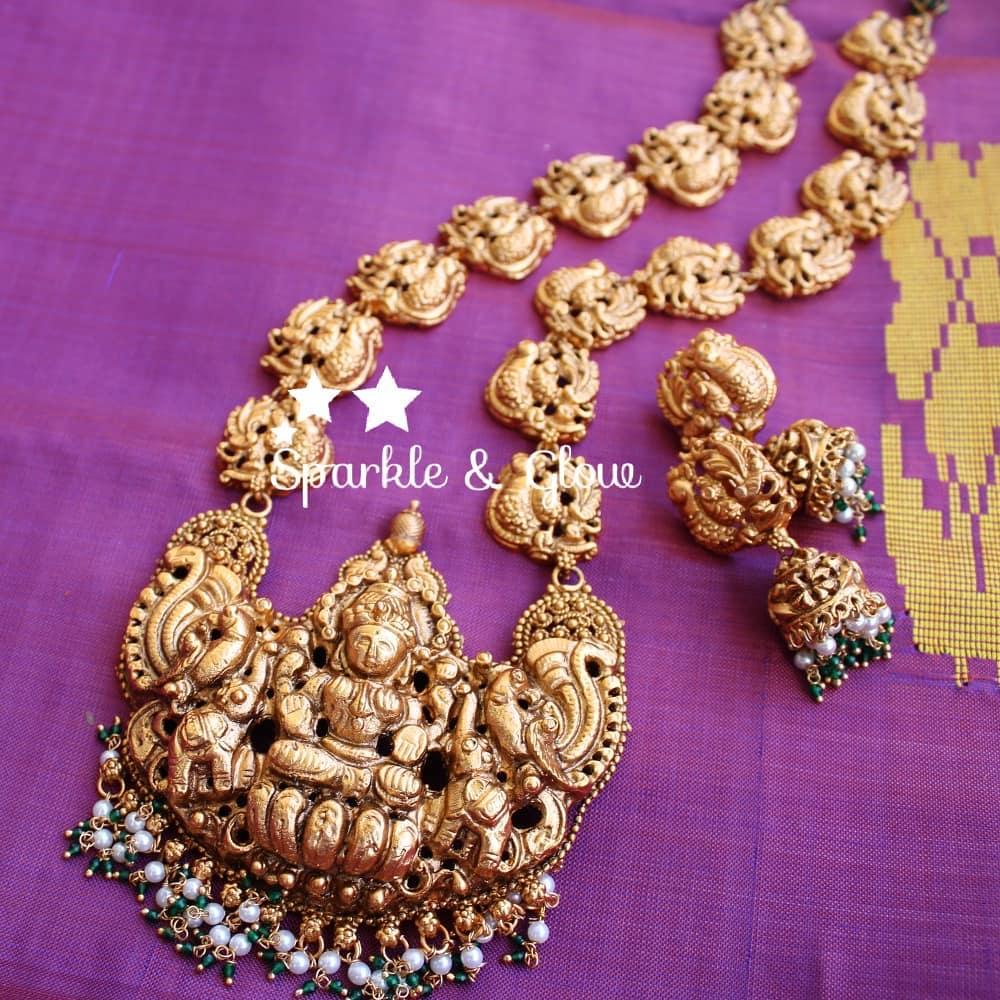Peacock and lakshmi carved nagas haram - Pearl - Sparkle and Glow