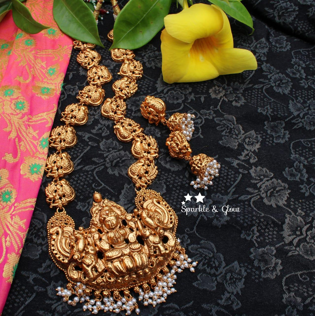 Peacock and lakshmi carved nagas haram - Pearl - Sparkle and Glow