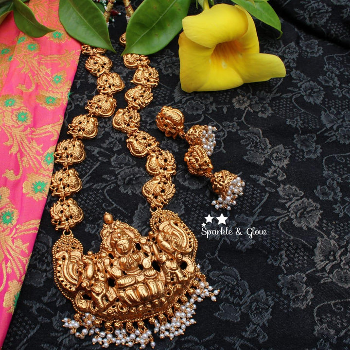 Peacock and lakshmi carved nagas haram - Pearl - Sparkle and Glow