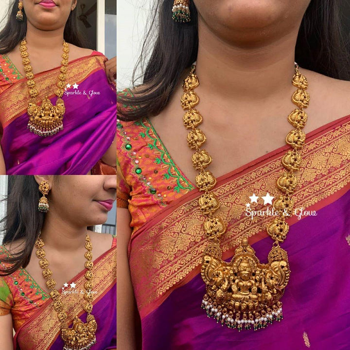 Peacock and lakshmi carved nagas haram - Pearl - Sparkle and Glow