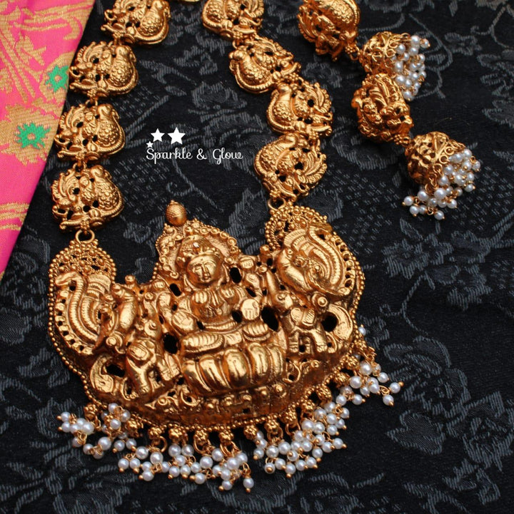 Peacock and lakshmi carved nagas haram - Pearl - Sparkle and Glow