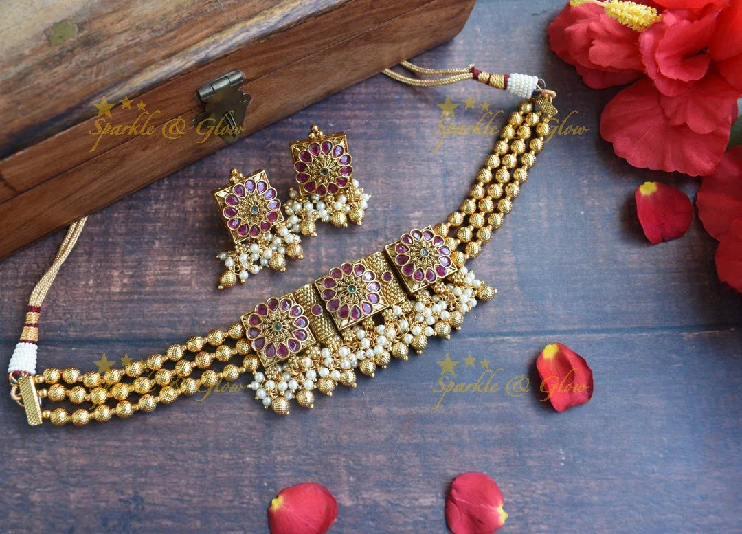 Multi Back Thread Antique Gold-Tone Beaded Floral Choker Necklace