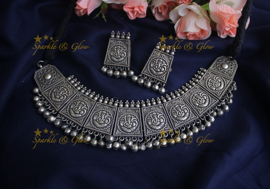 German Silver silver look alike Ganesha high neck choker